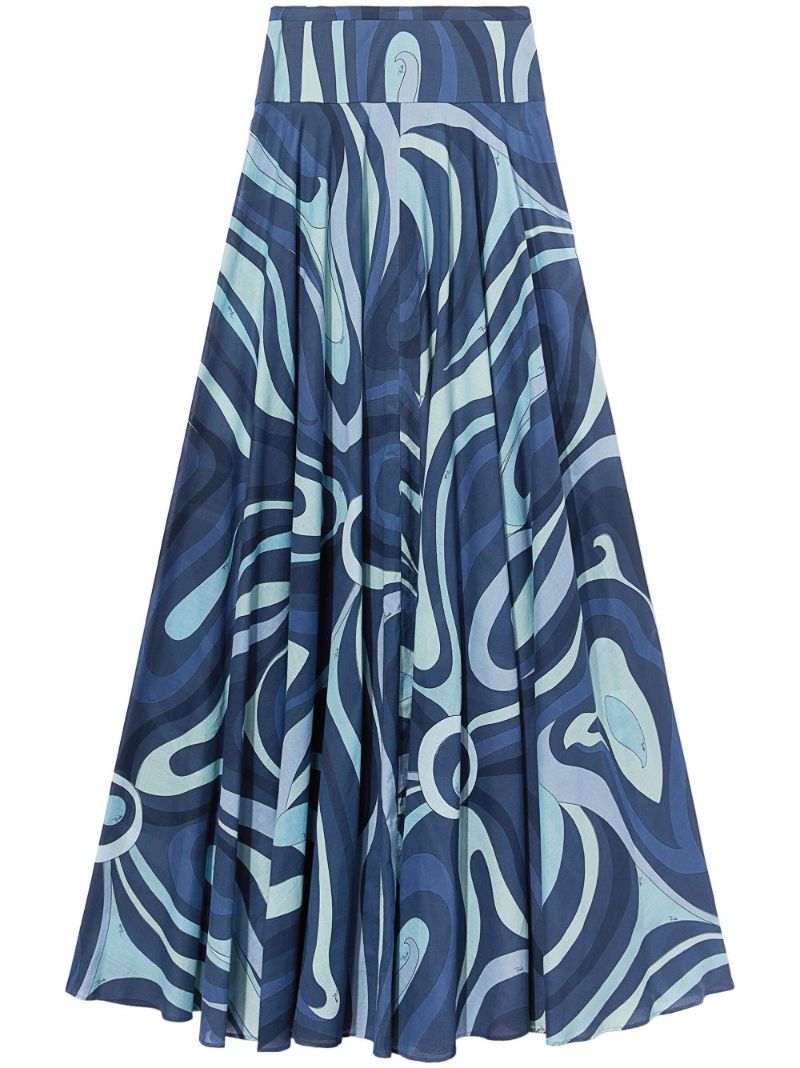 Blue Marmo Print Cotton Maxi Skirt
