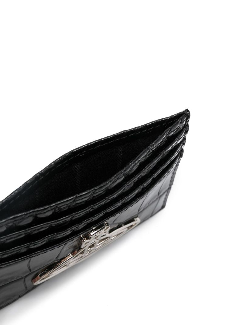 Black Orb Plaque Crocodile Embossed Leather Cardholder