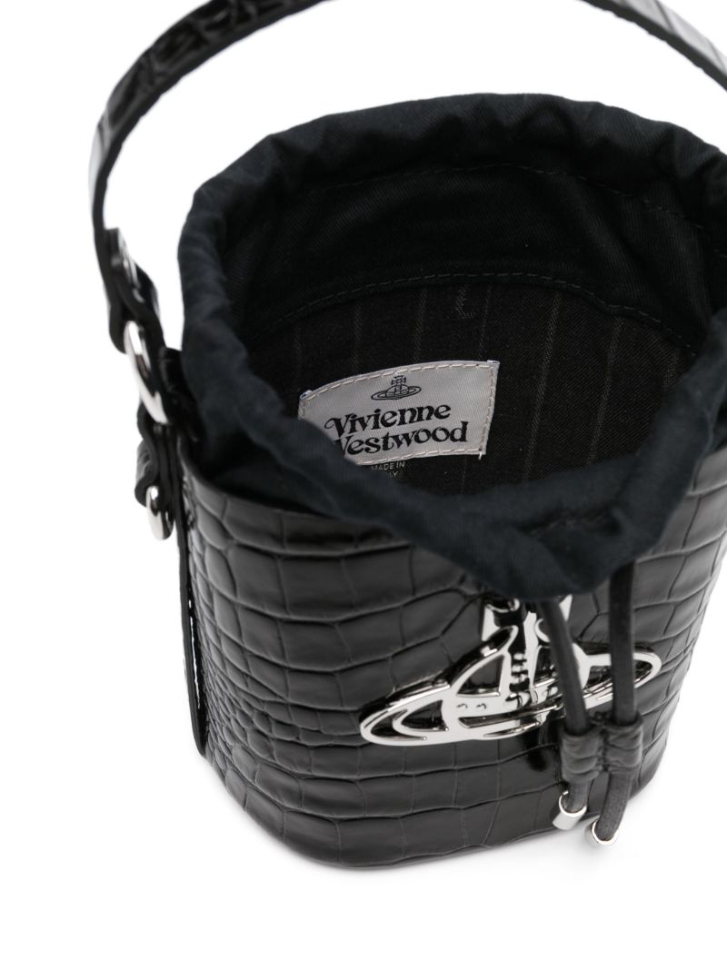 Black Orb Plaque Crocodile Embossed Bucket Bag