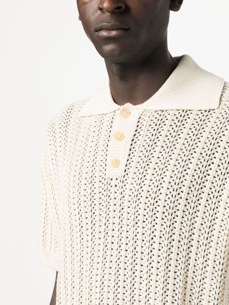 White Open-knit Linen Polo Shirt