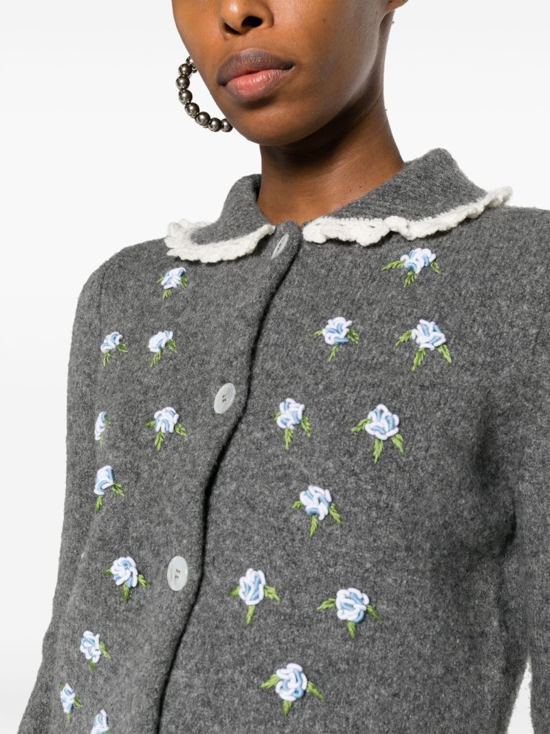 Grey Crochet-trim Floral-embroidered Cardigan