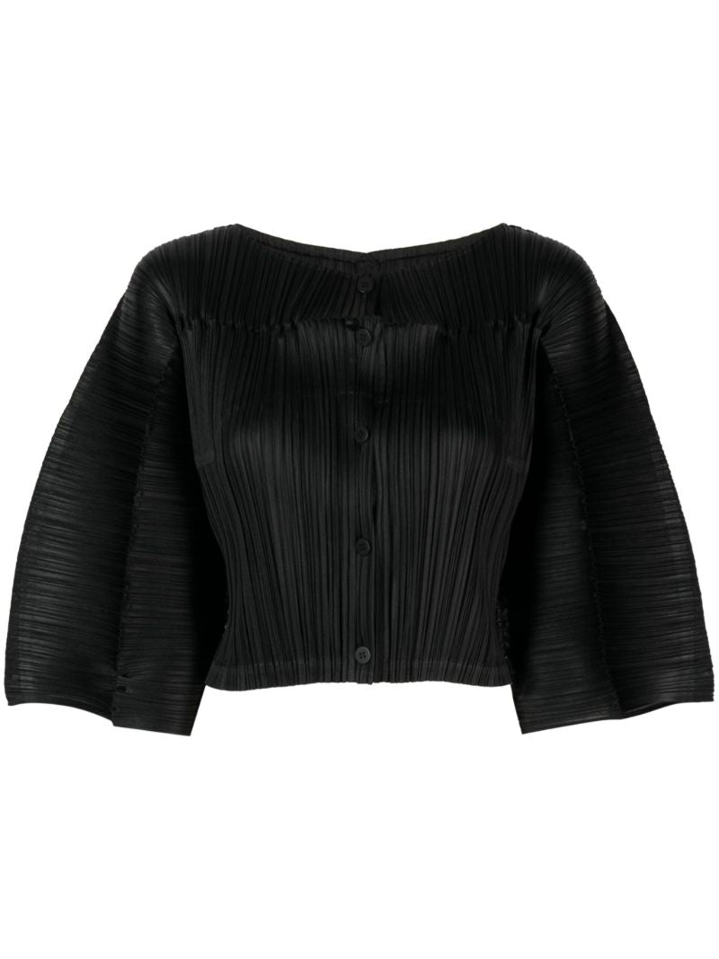Black Plissé Short-sleeve Cropped Top