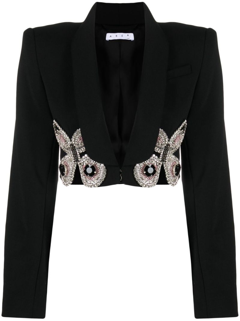 Black Butterfly-embroidered Cropped Blazer