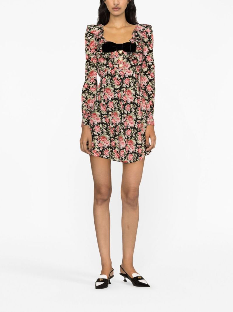 Black Floral Print Silk Mini Dress