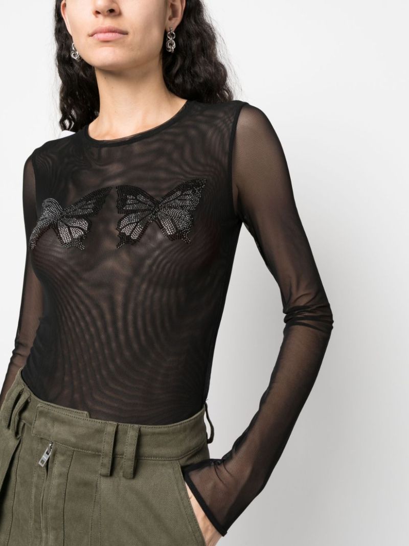 Black Butterfly-embroidered Mesh Top