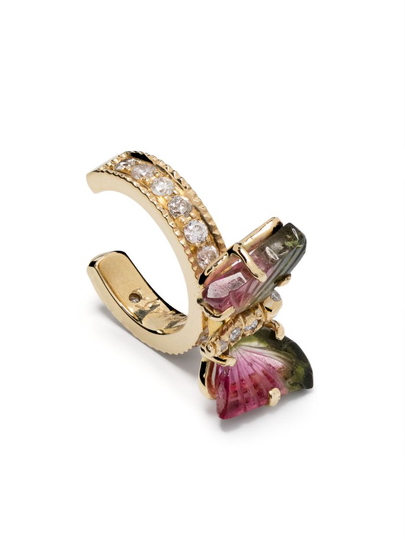 14k Yellow Gold Watermelon Tourmaline Butterfly Ear Cuff