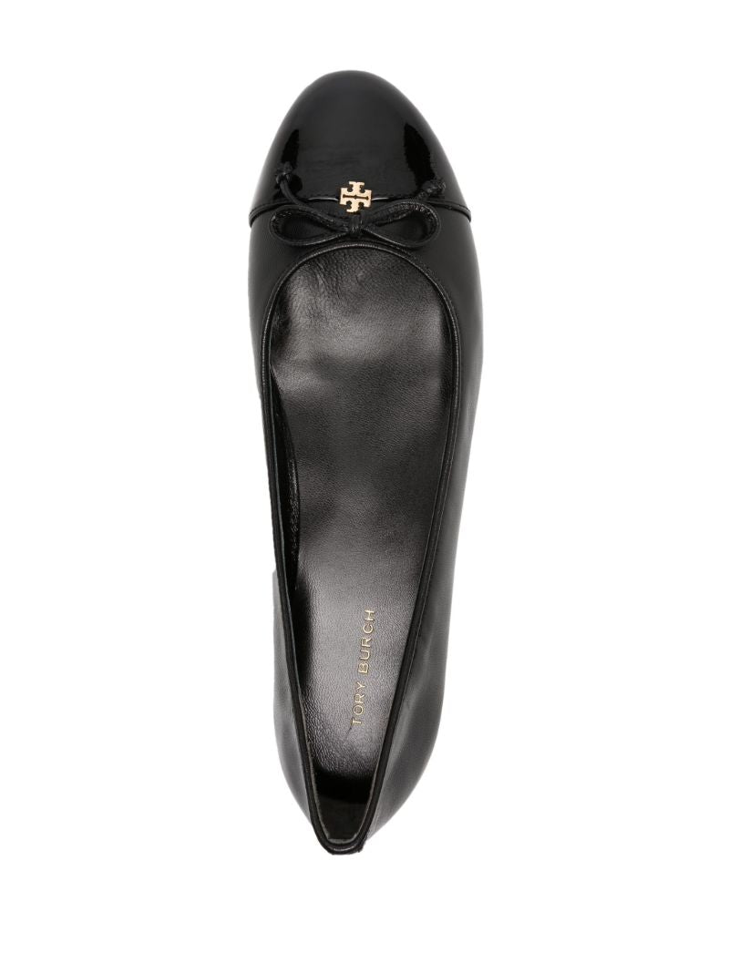 Black Bow-embellished Leather Ballerina Shoes
