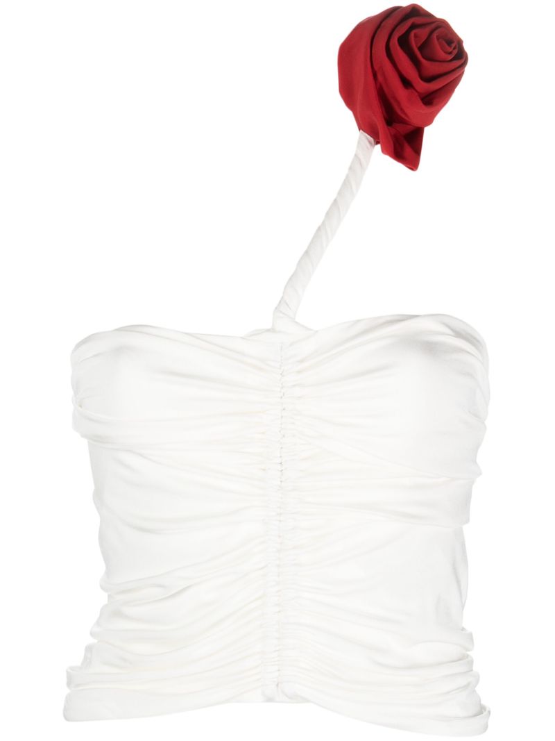 White Rose-appliqué Ruched Top