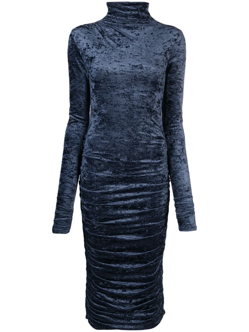 Blue Ruched Velvet Midi Dress