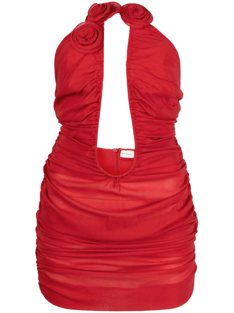 Red Plunge Ruched Mini Dress
