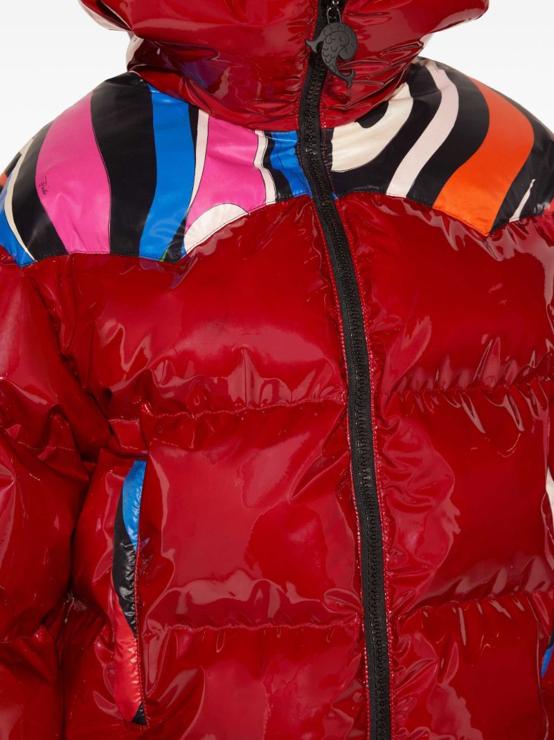 Red Marmo-print Hooded Quilted Jacket