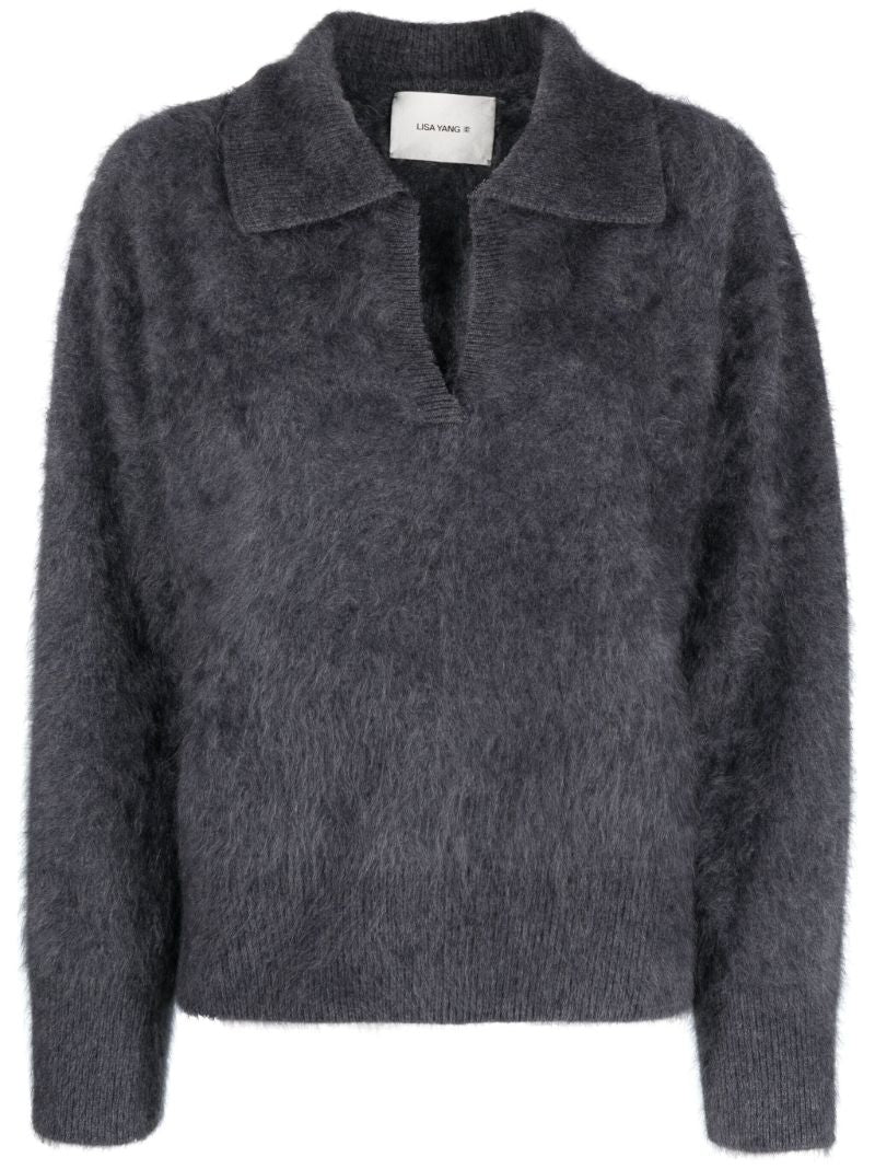 Grey Split Neck Cashmere Sweater