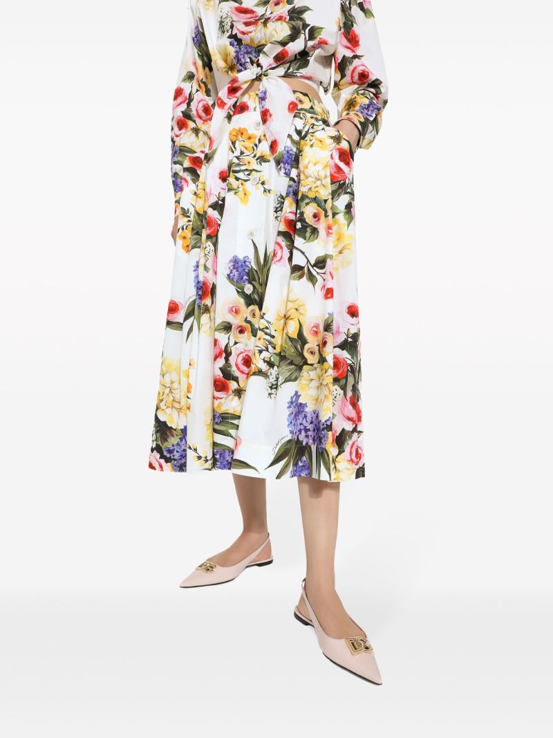 White Garden Print Midi Skirt