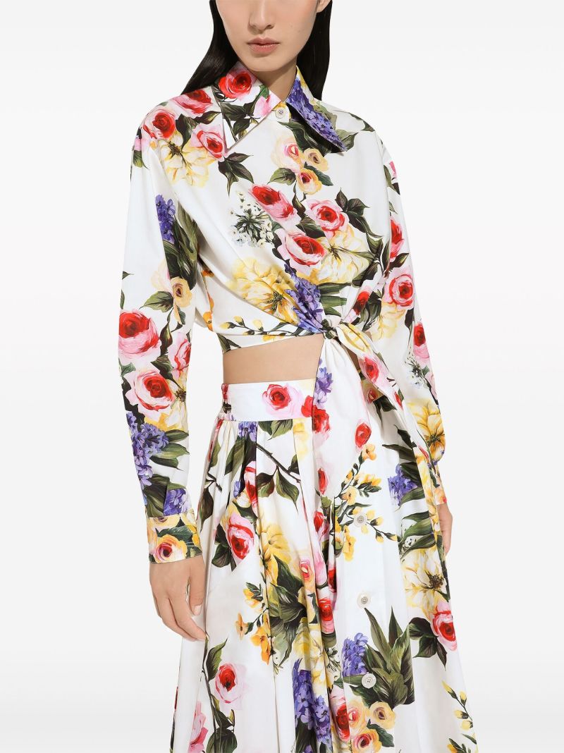 White Floral Print Cropped Shirt