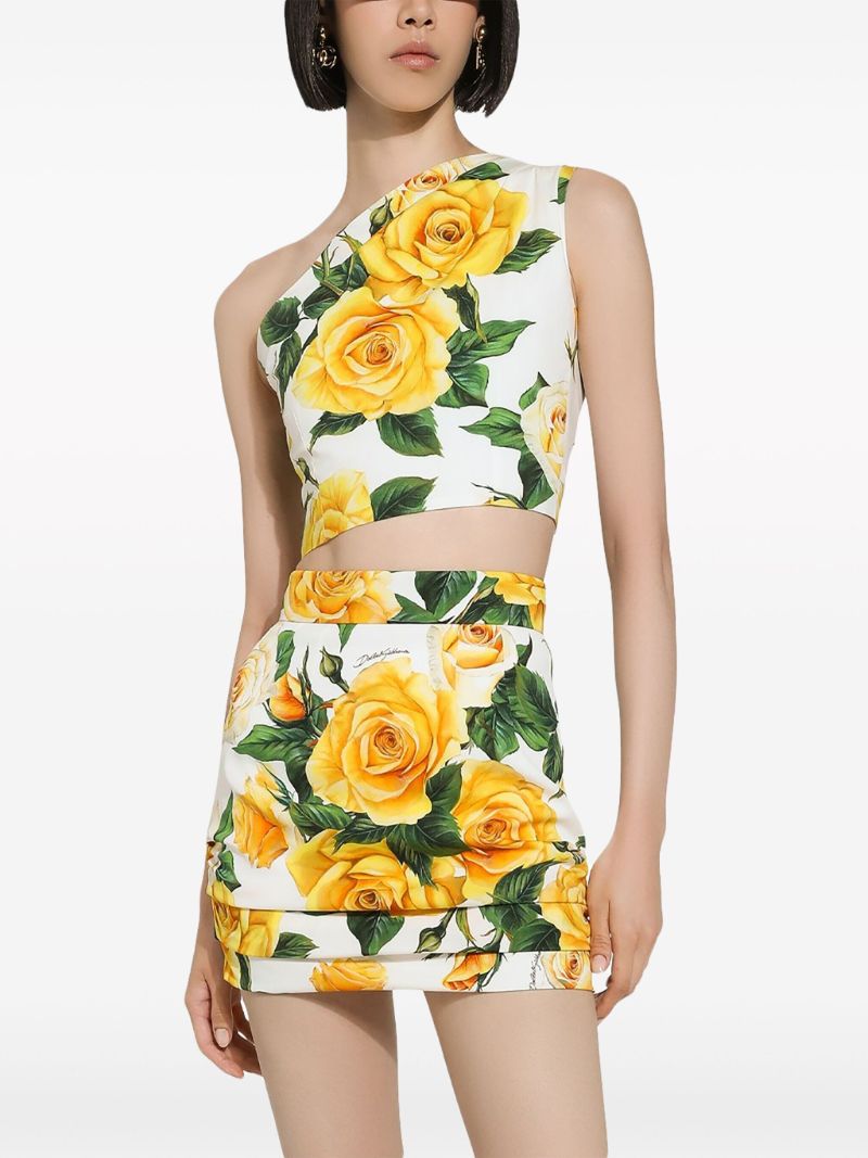 White Rose Print One-shoulder Top
