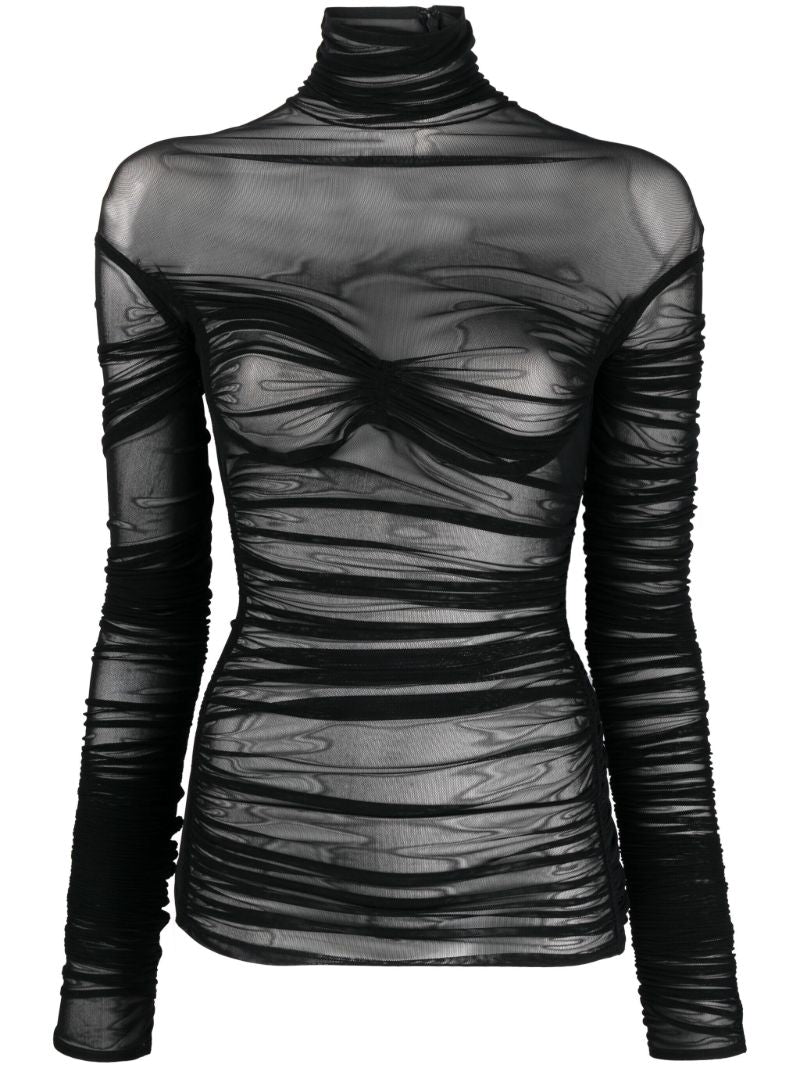 Black Ruched Semi-sheer Top