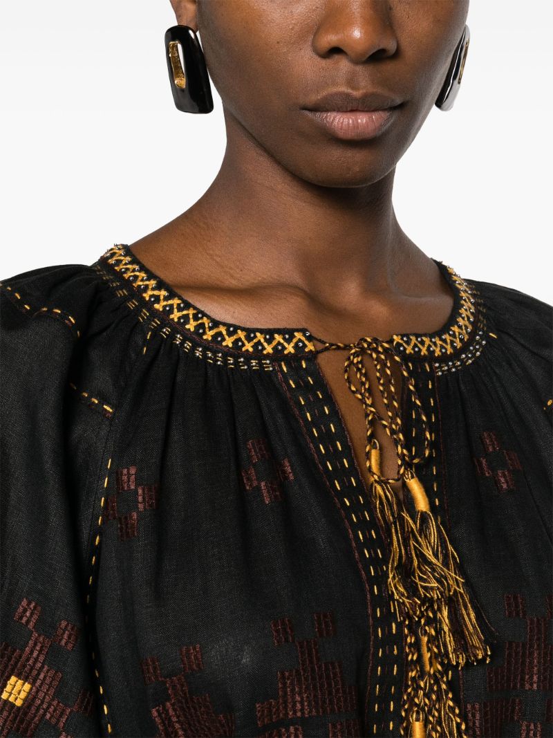 Black Pixel Geometric-embroidery Linen Dress