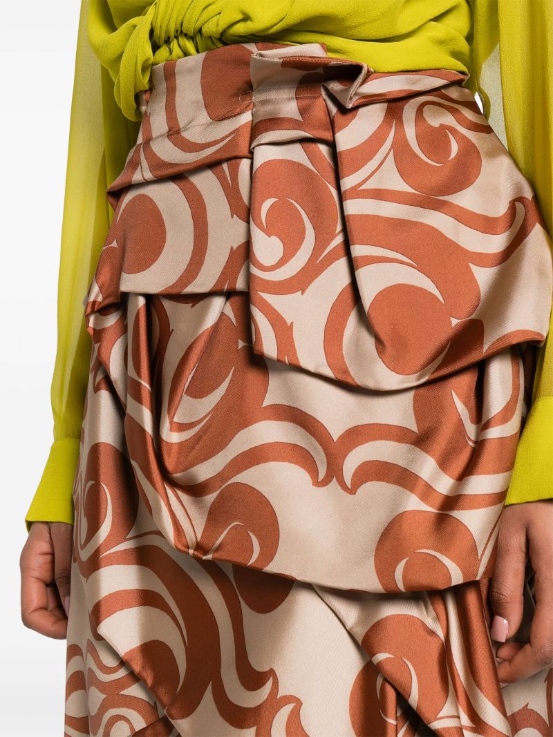 Brown Abstract-print Draped Silk Skirt