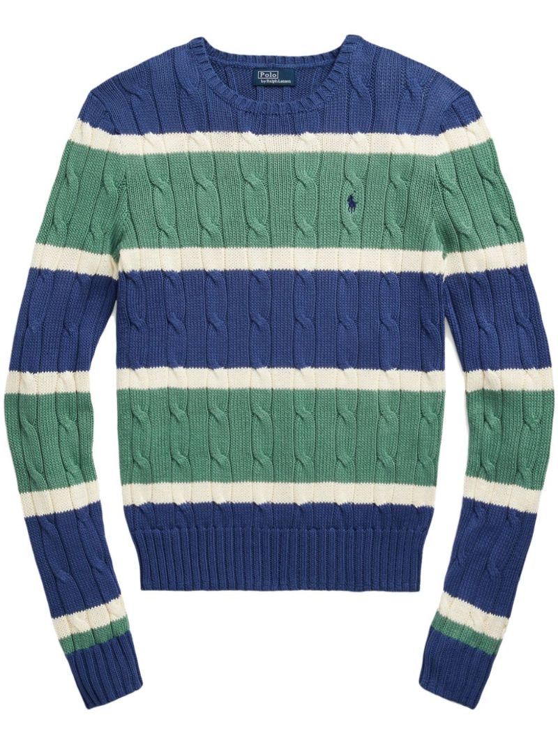 Blue and Green Striped Cable-knit Cotton Sweater