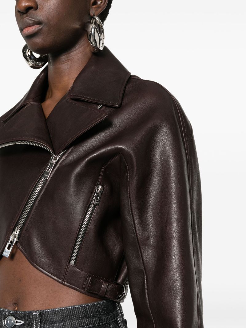 Brown Cropped Leather Biker Jacket