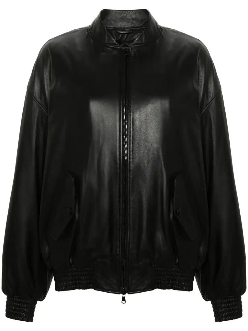 Drop-shoulder Leather Bomber Jacket
