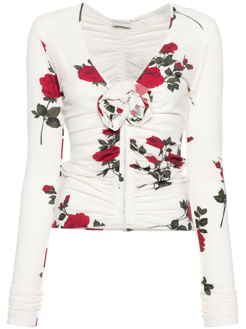 White Rose-print Ruched Top