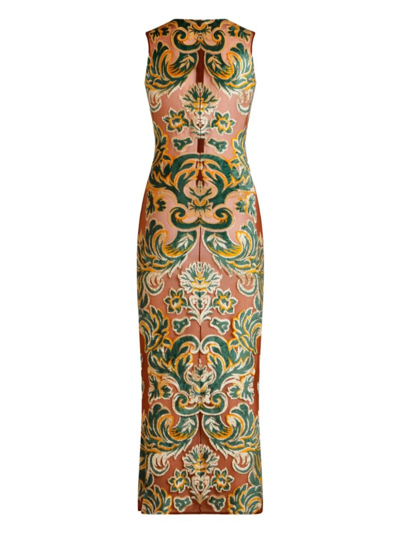 Brown Flocked Mesh Midi Dress