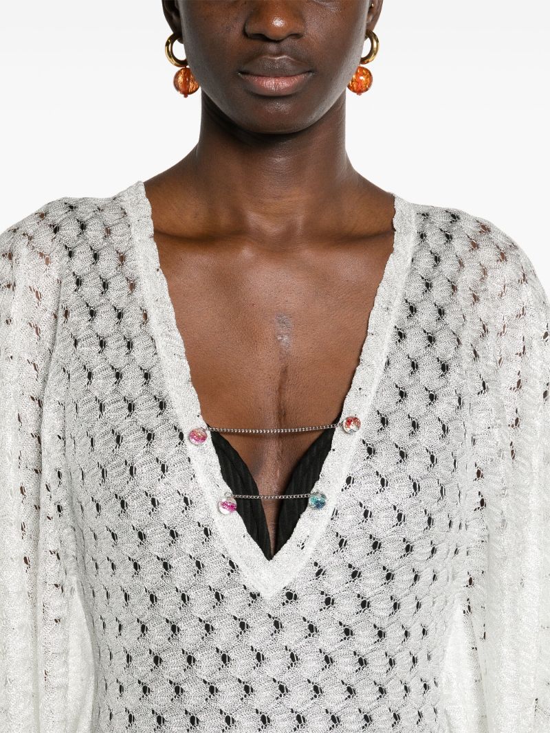 White V-neck Open-knit Dress