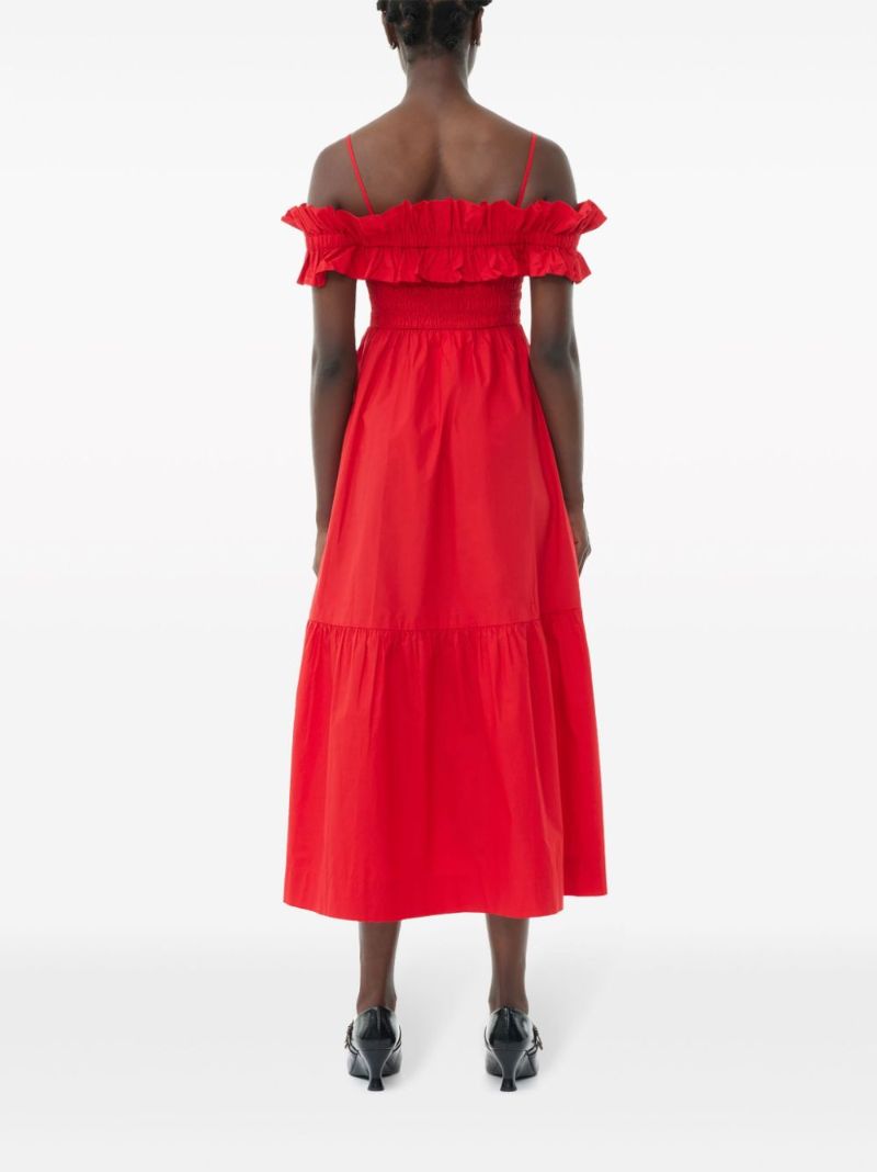 Red Ruffled Poplin Midi Dress