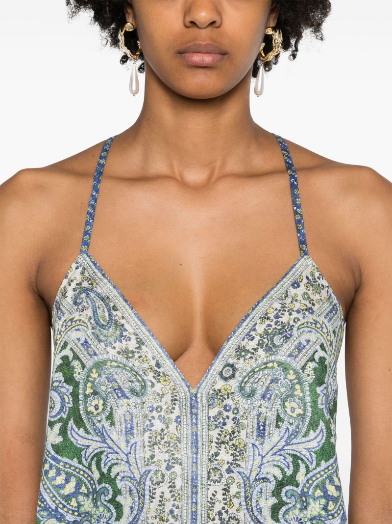 Green Printed Linen Minidress