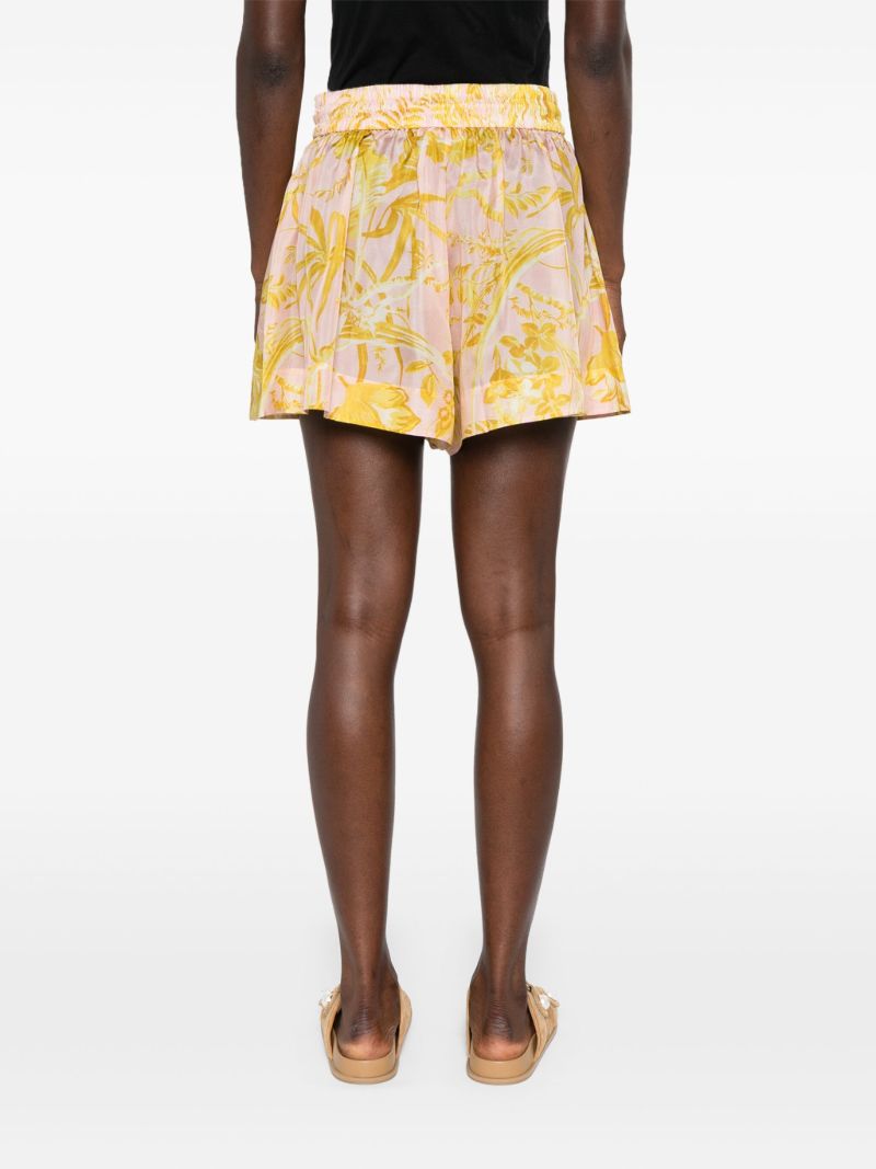 Pink Leaf-print Silk Shorts