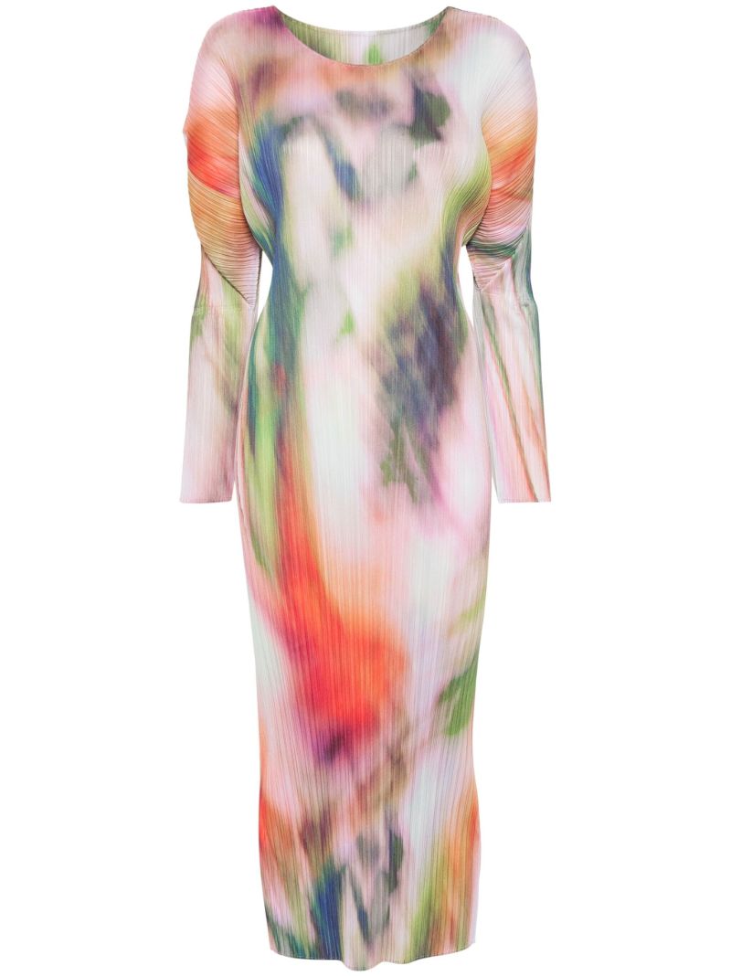 Pink Watercolour Plissé Midi Dress