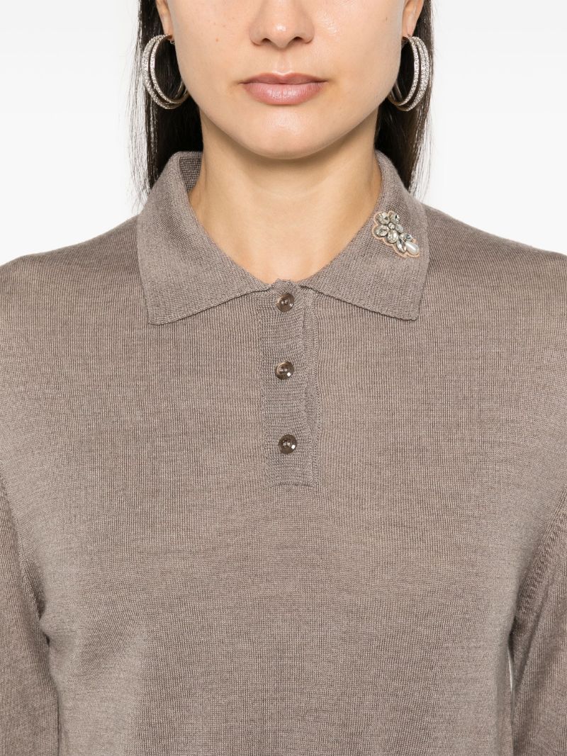 Neutral Crystal-embellished Polo Top