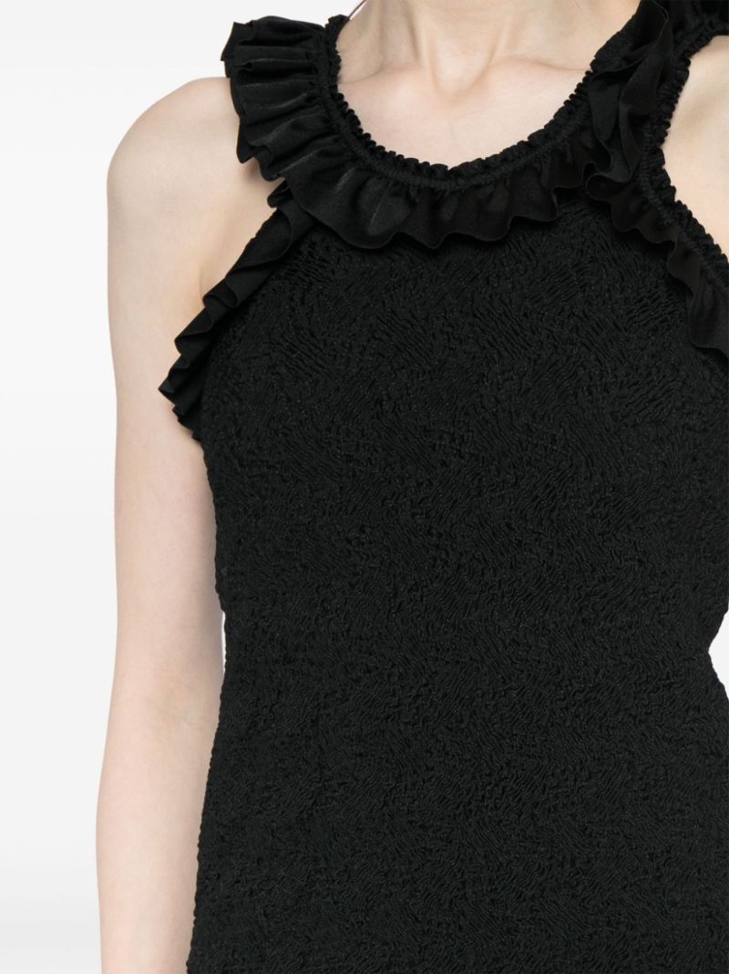 Black Ruched Ruffle-trim Midi Dress