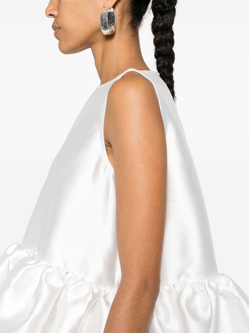 White Puffball-hem Satin Midi Dress