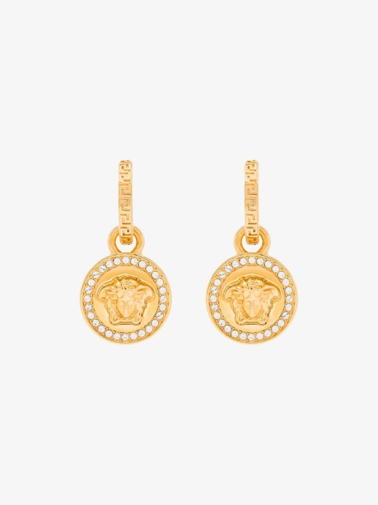 Gold Tone Greca Medusa Crystal Earrings