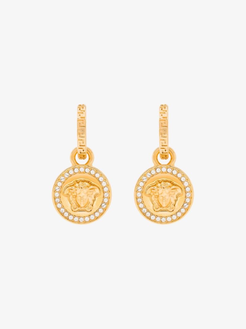 Gold Tone Greca Medusa Crystal Earrings