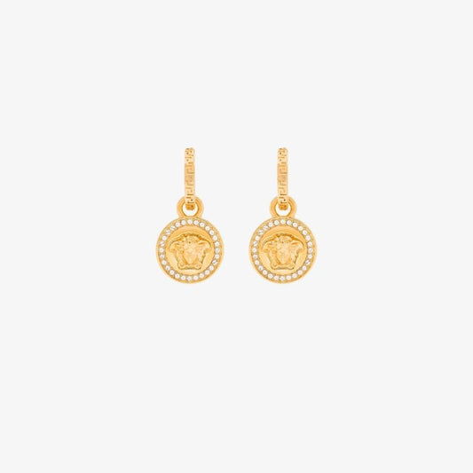 Gold Tone Greca Medusa Crystal Earrings