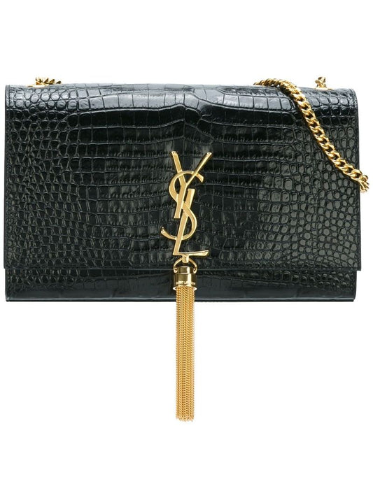Black Kate Medium Mock Croc Leather Cross Body Bag