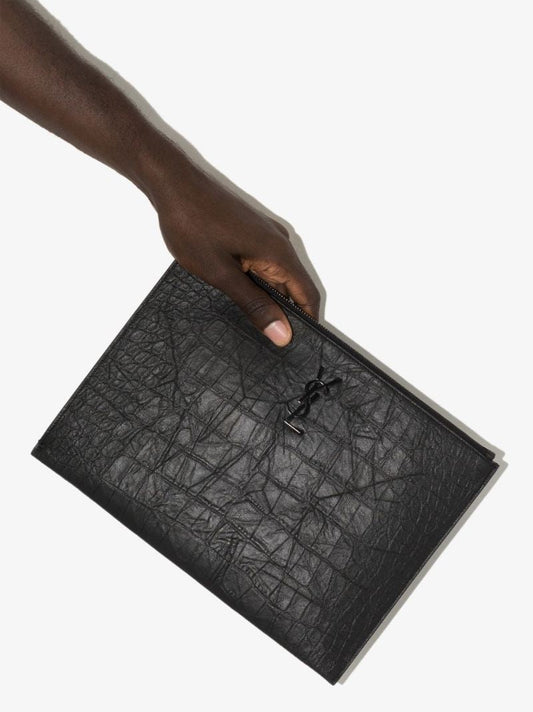 Black Mock Croc Leather Pouch Bag
