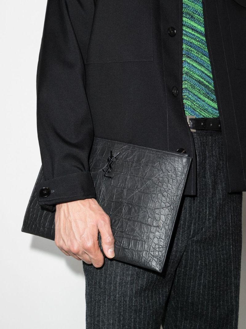Black Mock Croc Leather Pouch Bag