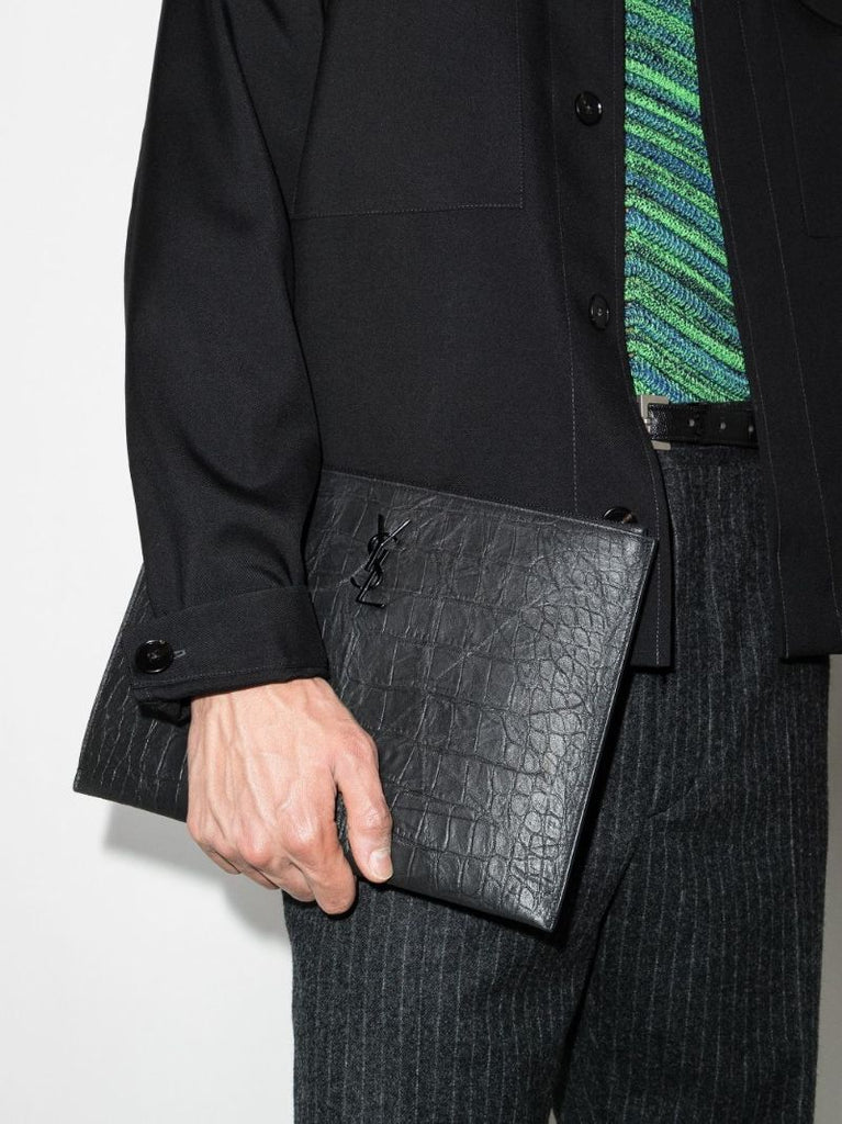 Black Mock Croc Leather Pouch Bag