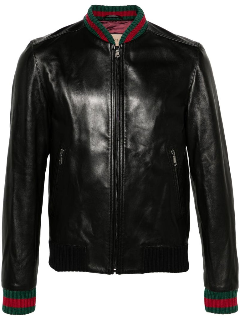 Black Web-stripe Leather Jacket