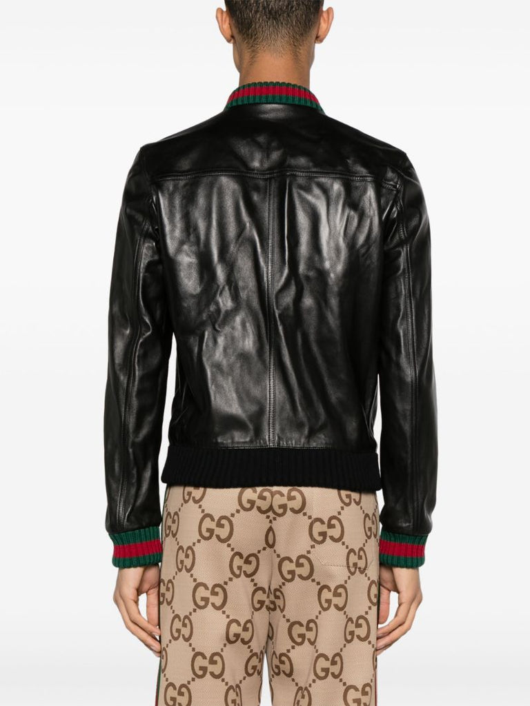 Black Web-stripe Leather Jacket