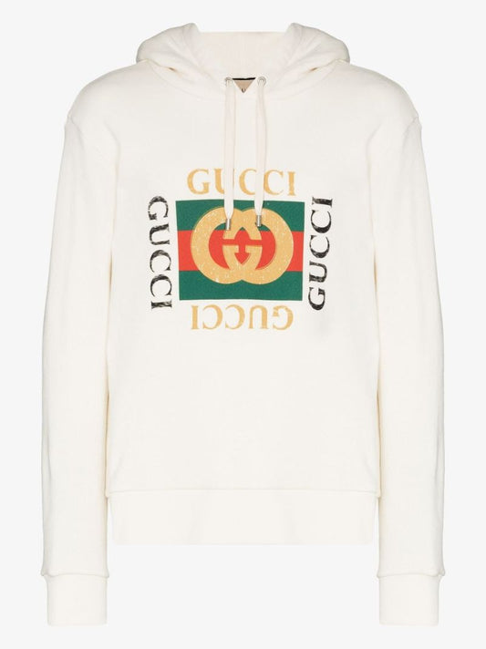 White Logo Print Cotton Hoodie