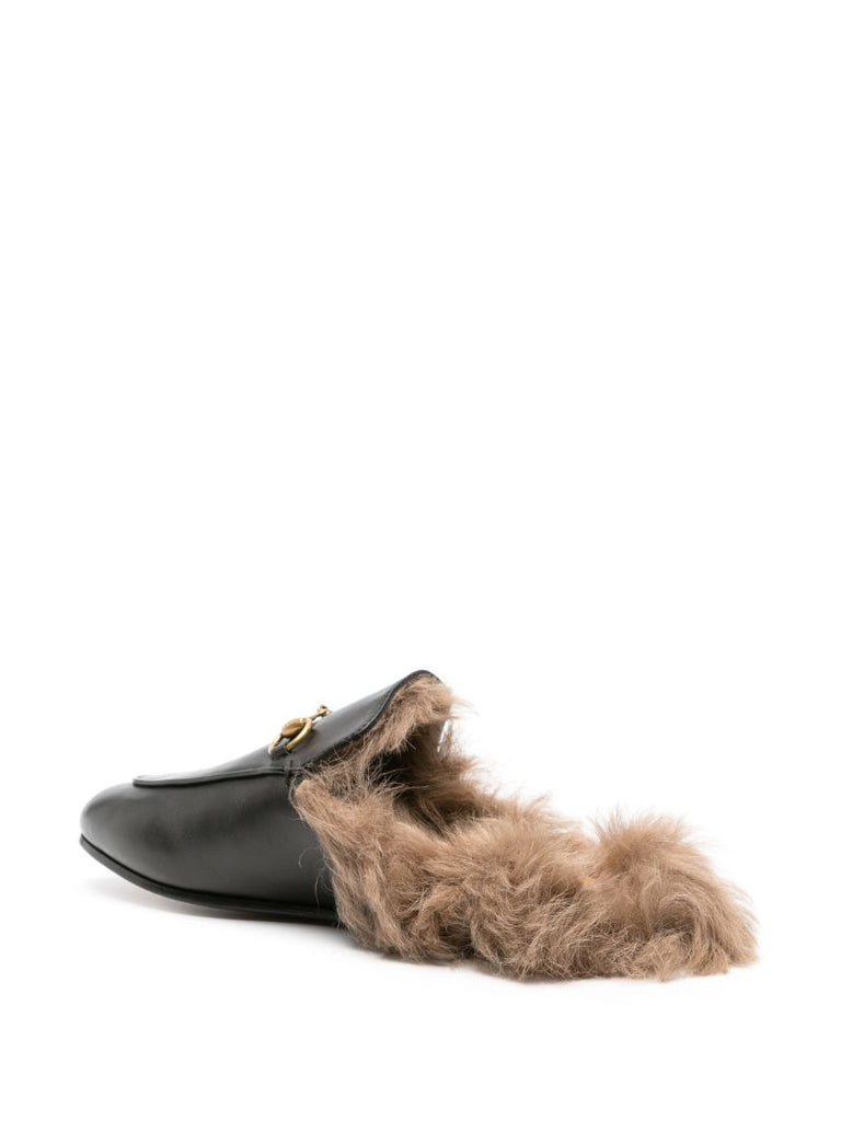 Black Princetown Shearling and Leather Mules