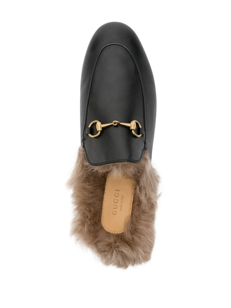 Black Princetown Shearling and Leather Mules