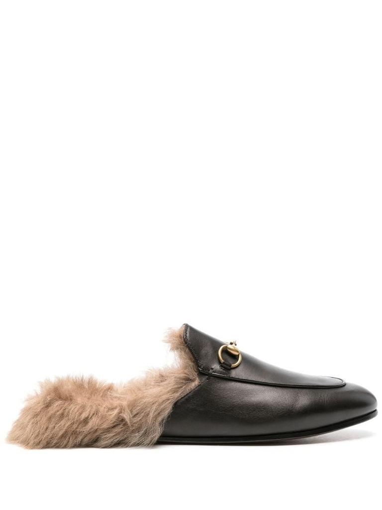 Black Princetown Shearling and Leather Mules