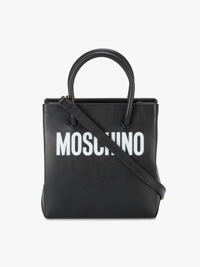 Black Logo Print Leather Tote Bag