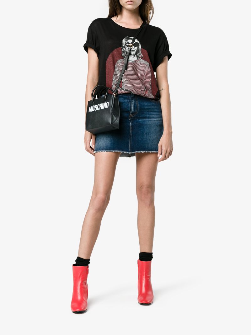 Black Logo Print Leather Tote Bag